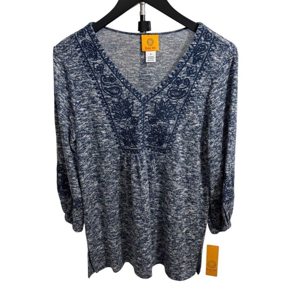 Ruby Rd. Small S Blue Tapestry Traveler Jo Embroidered V-Neck Tunic Top NWT